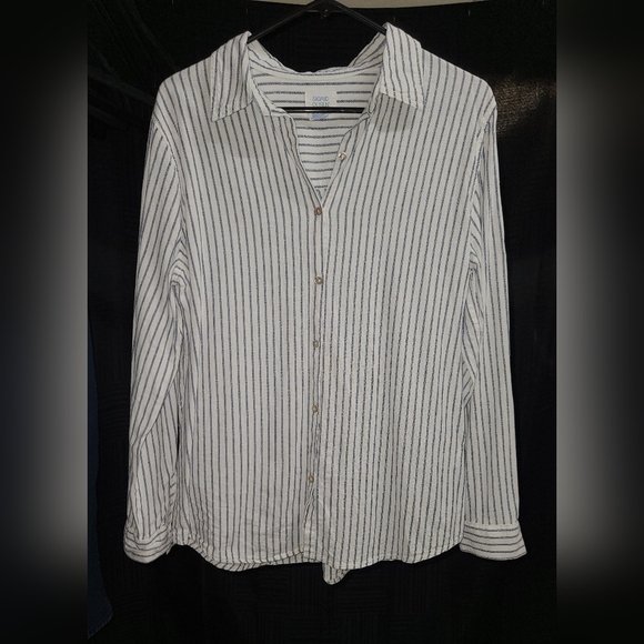 Sigrid Olsen White and Black Striped Button Down Shirt - Picture 1 of 6